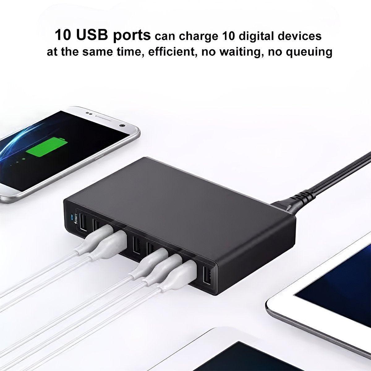 60W 10-Port USB Charger - Multi-Port AC Adapter for Travel