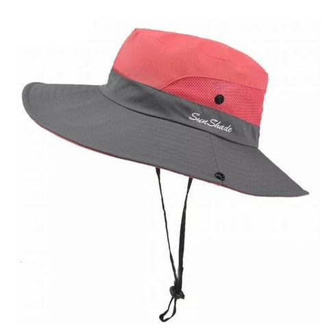 Premium Watermelon Red Women's Wide Brim Ponytail UV Sun Visor Hat