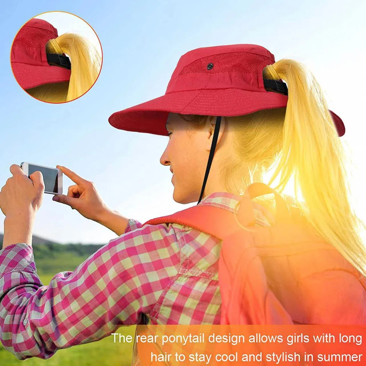 Premium Watermelon Red Women's Wide Brim Ponytail UV Sun Visor Hat