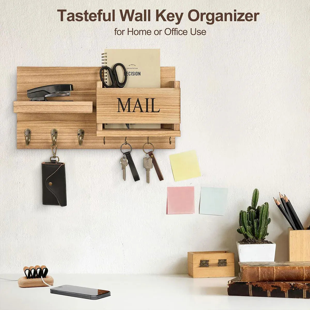 Premium Wooden Wall Mounted Key Holder Mail Organiser Coat Rack with 7 Hooks