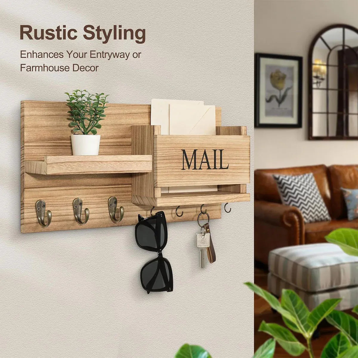Premium Wooden Wall Mounted Key Holder Mail Organiser Coat Rack with 7 Hooks