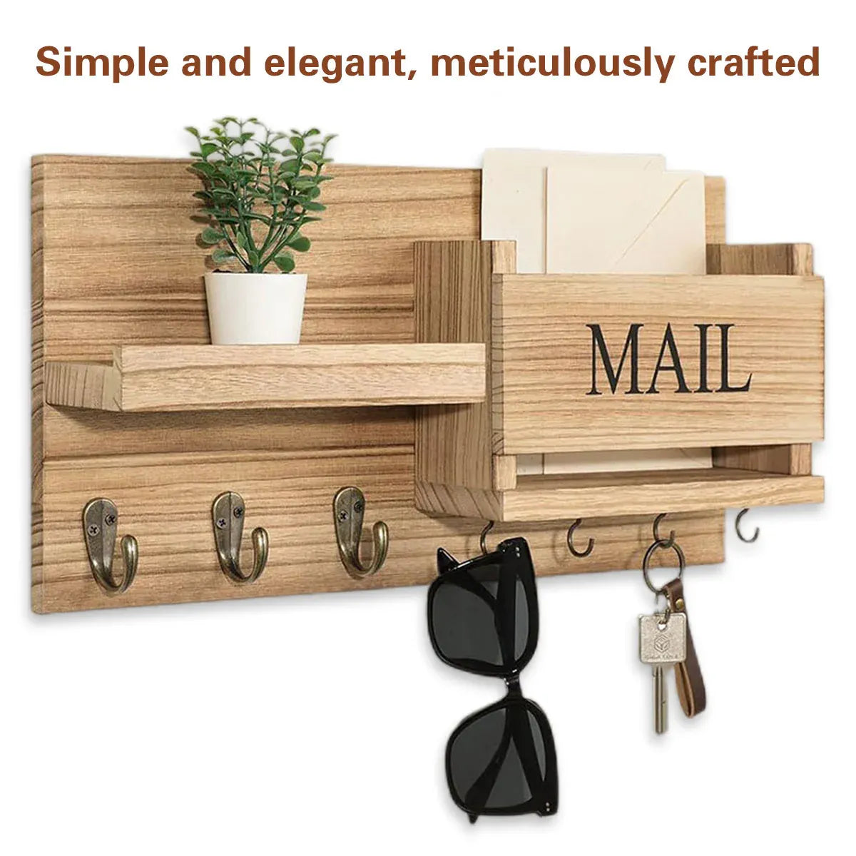 Premium Wooden Wall Mounted Key Holder Mail Organiser Coat Rack with 7 Hooks