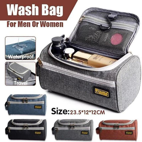 Premium Men's Grey Waterproof Travel Toiletry Wash Bag with Hanging Hook