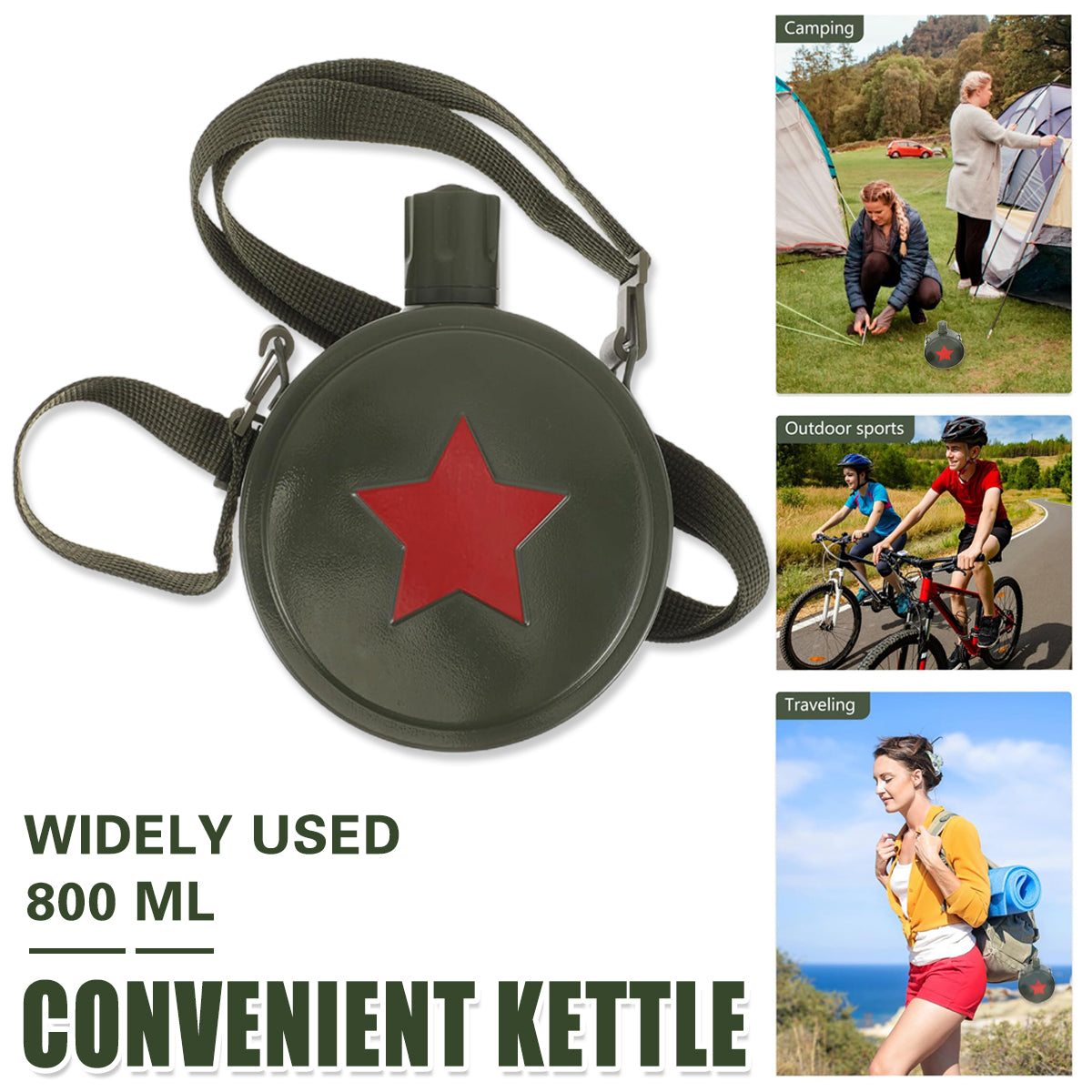 Outdoor Water Bottle 800ml Stainless Steel with Adjustable Strap - Army Green/Red Star