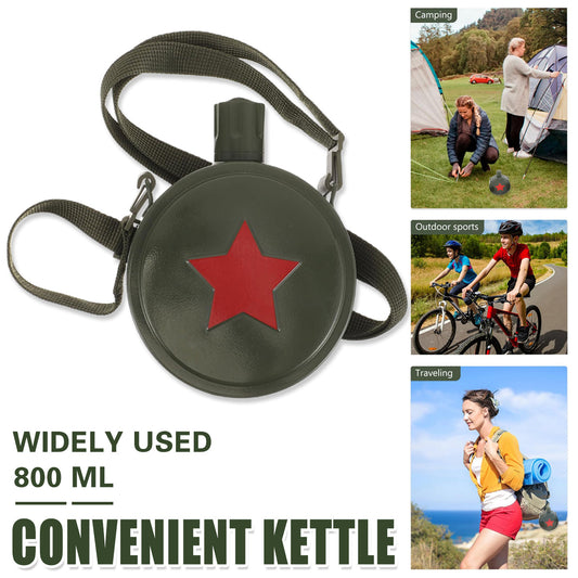 Outdoor Water Bottle 800ml Stainless Steel with Adjustable Strap - Army Green/Red Star