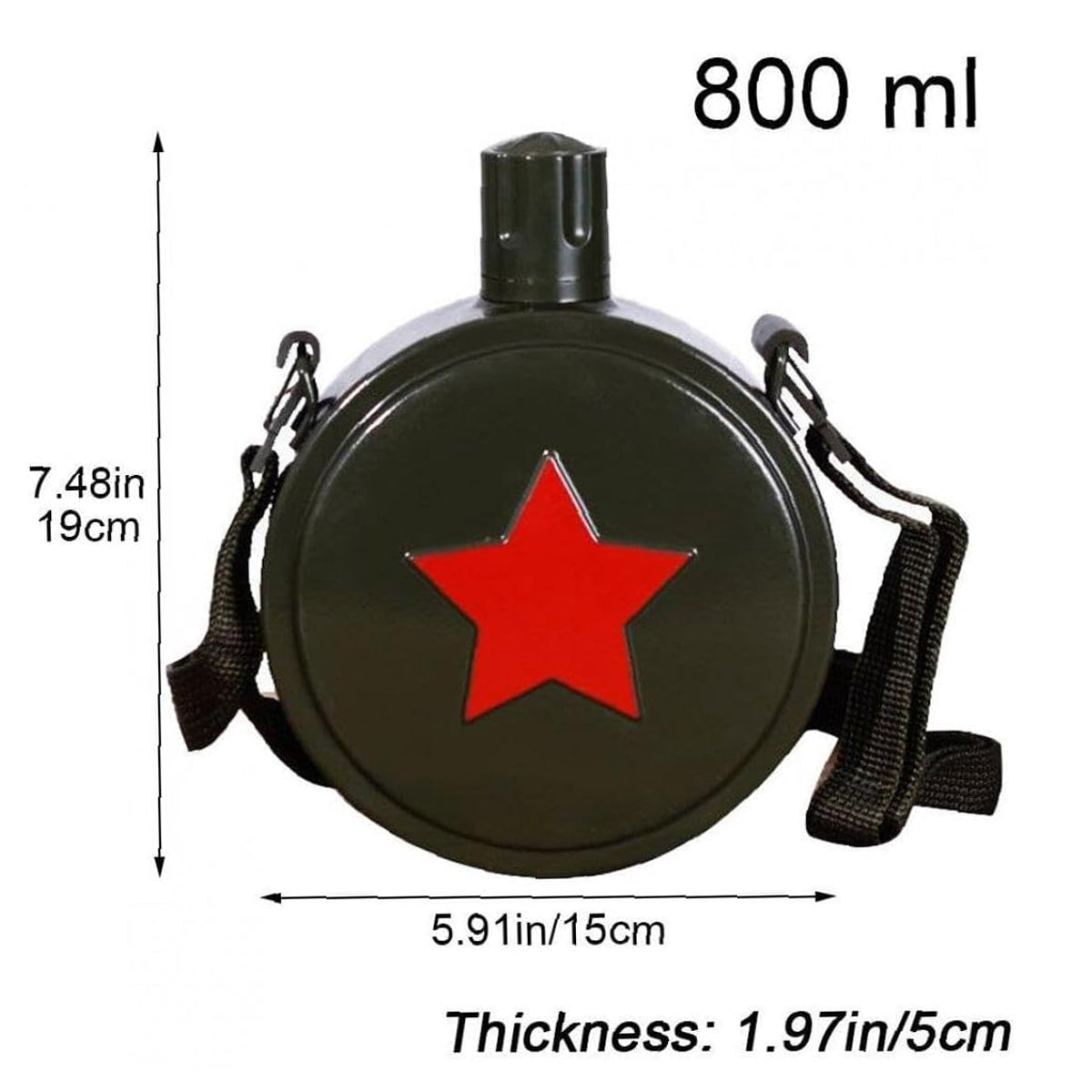 Outdoor Water Bottle 800ml Stainless Steel with Adjustable Strap - Army Green/Red Star