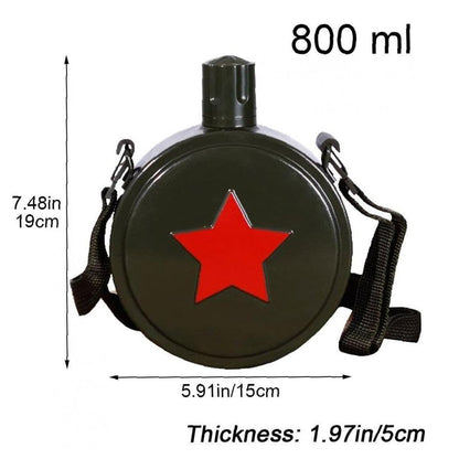 Outdoor Water Bottle 800ml Stainless Steel with Adjustable Strap - Army Green/Red Star
