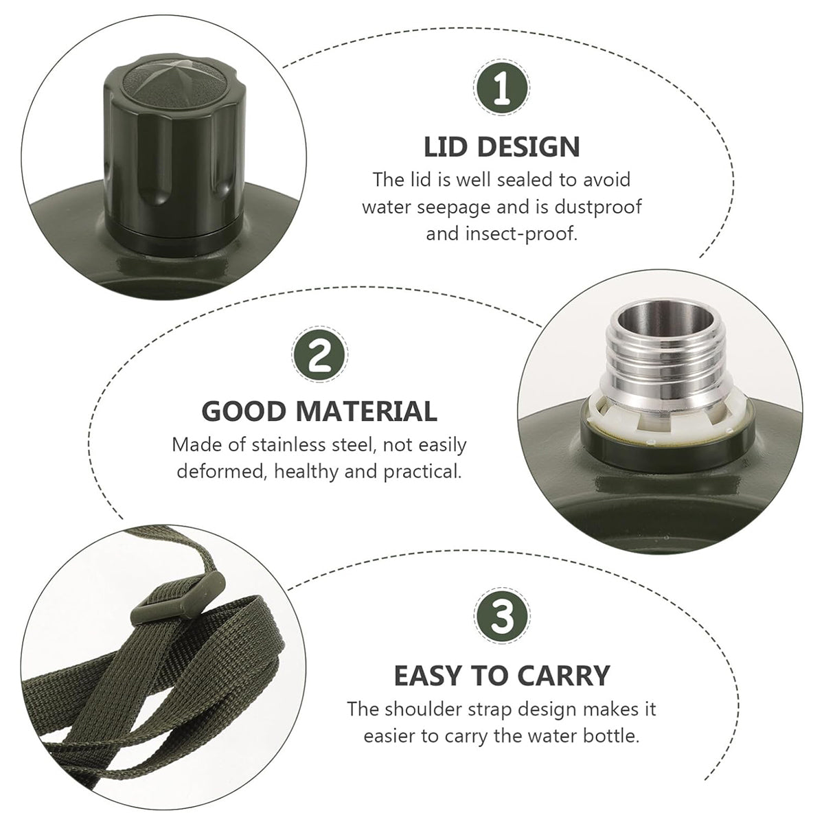 Outdoor Water Bottle 800ml Stainless Steel with Adjustable Strap - Army Green/Red Star - SuperSaverAU - view 4