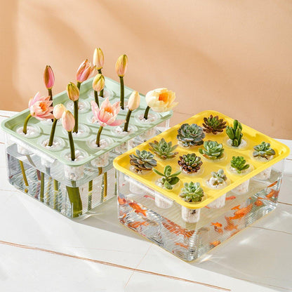 Transparent Rectangular Aquarium 12Hole Lid Portable Hydroponic Plant Fish Tank - Green