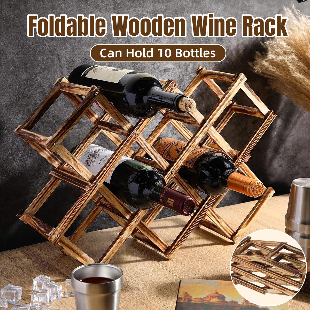 Premium Foldable Wooden Wine Rack 10 Bottle Pine Display Stand