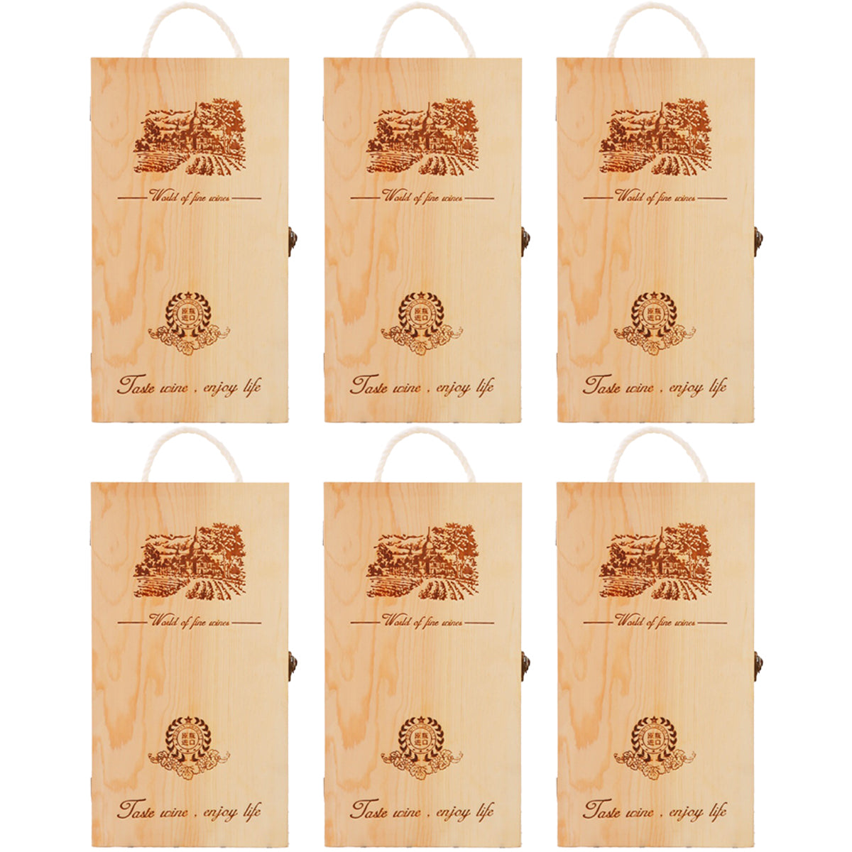 Set of 6 Elegant Wooden Wine Boxes for Gifting - Clamshell Design