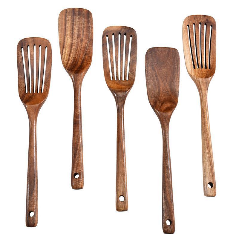 Premium Natural Wood 2pcs Wooden Frying Spatula Set, Long Handle, Non-Stick Friendly