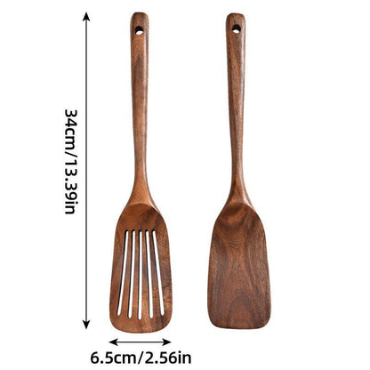 Premium Natural Wood 2pcs Wooden Frying Spatula Set, Long Handle, Non-Stick Friendly