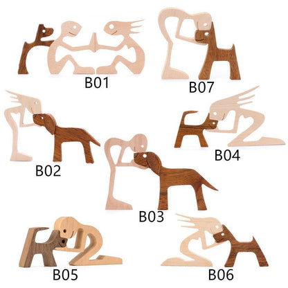 Handmade Wooden Statue Sitting Family and Dog Craft Home Decor - B07