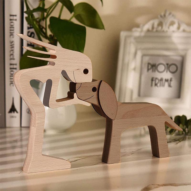 Handmade Wooden Statue Sitting Family and Dog Craft Home Decor - B07