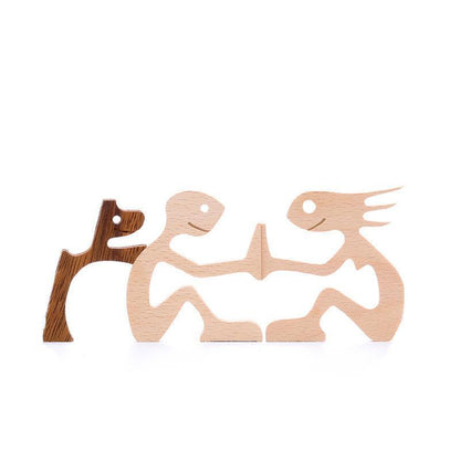 Handmade Wooden Statue Sitting Family and Dog Craft Home Decor - B04