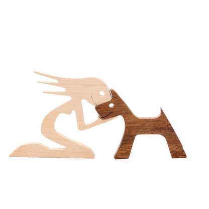 Handmade Wooden Statue Sitting Family and Dog Craft Home Decor - B04