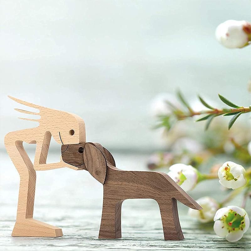 Premium Handmade Wooden Pet Carving Statue – Girl With Dog B02