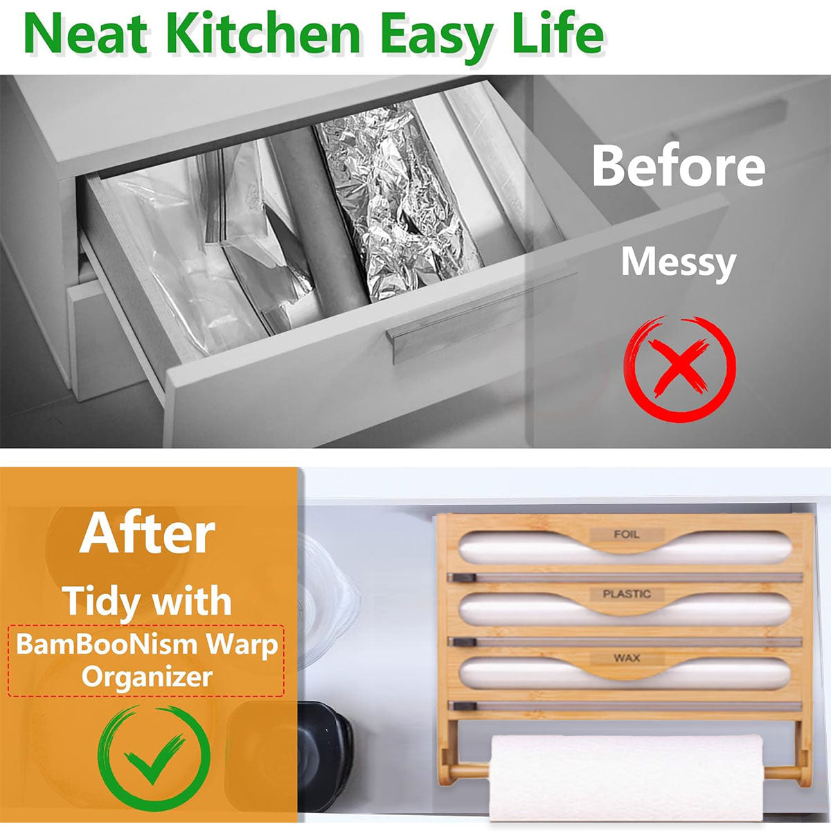 Premium Bamboo Wrap Cutter Organiser – with Paper Towel Holder