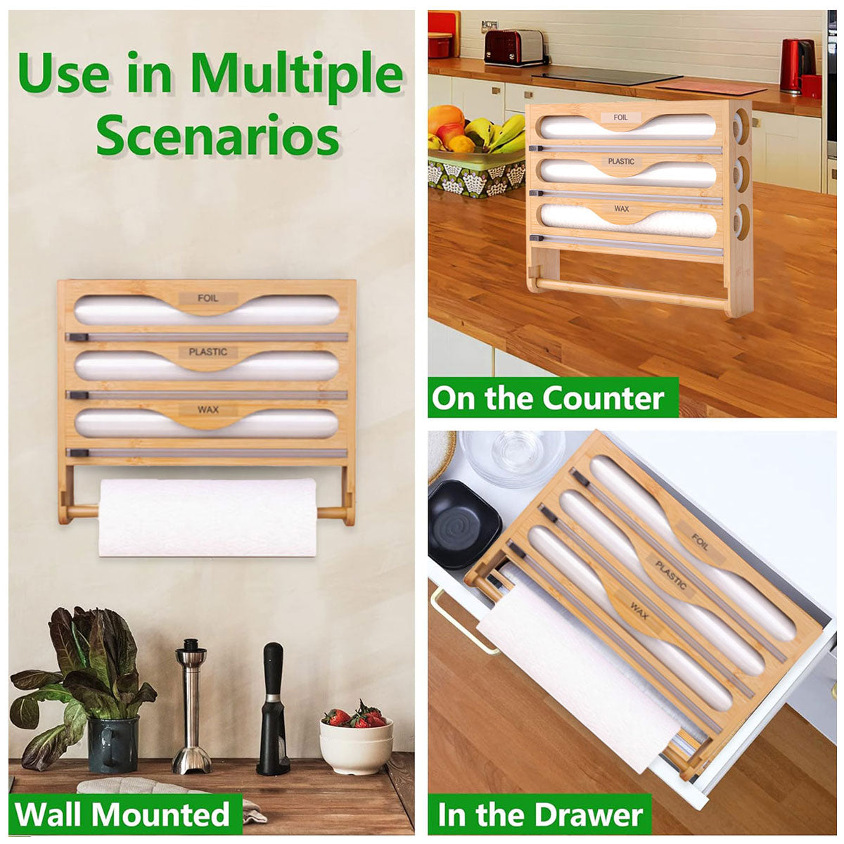 Premium Bamboo Wrap Cutter Organiser – with Paper Towel Holder