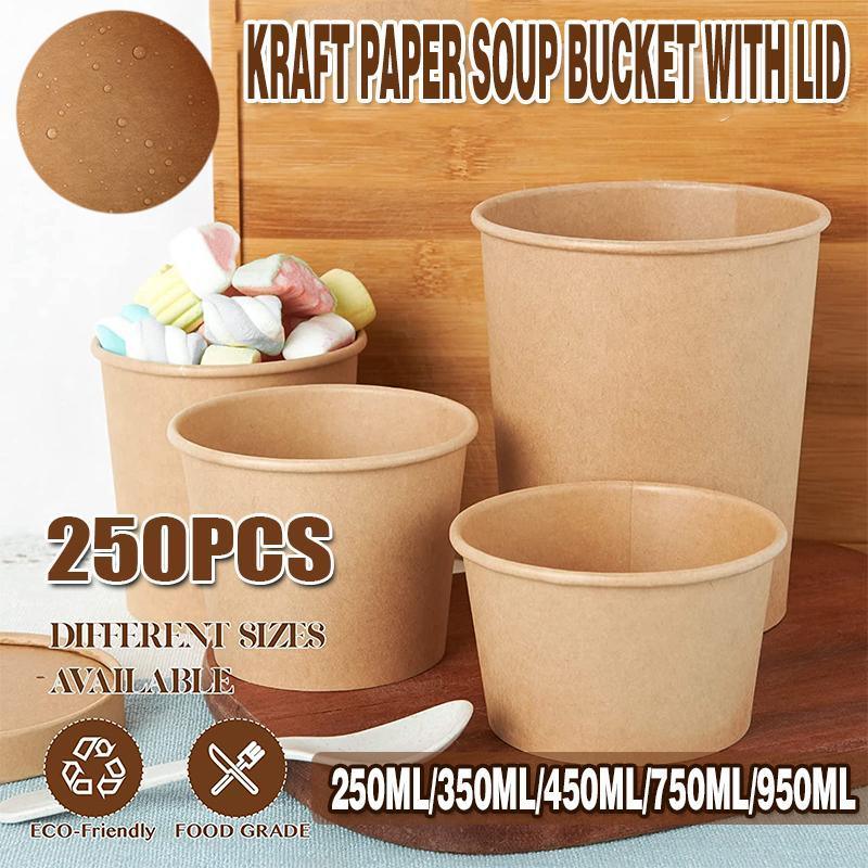 250PCS Biodegradable Kraft Paper Soup Buckets with Lids - 250ML