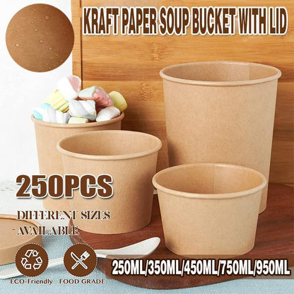 250PCS Biodegradable Kraft Paper Soup Buckets with Lids - 250ML