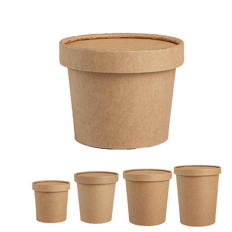 250PCS Biodegradable Kraft Paper Soup Buckets with Lids - 250ML