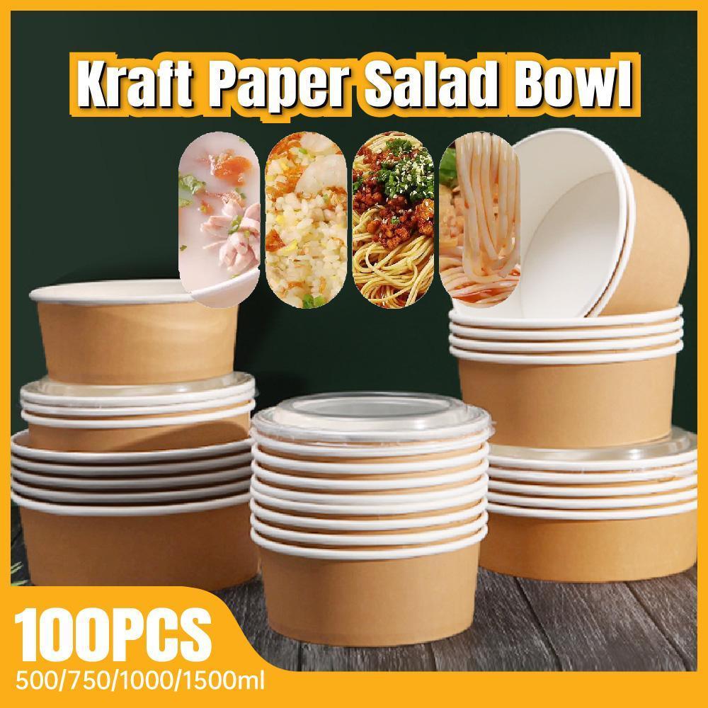 1500ML Kraft Paper Salad Bowl with Lid - Eco-Friendly Takeout Container