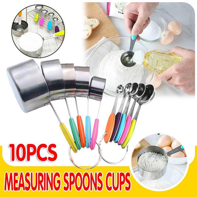 10 Piece Stainless Steel Measuring Cups and Spoons Set with Non-Slip Silicone Handles - SuperSaverAU - view 1