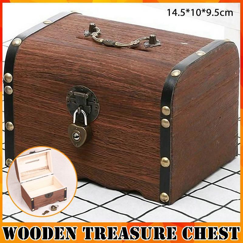 Premium Wooden Treasure Chest Piggy Bank – with Lock & Key