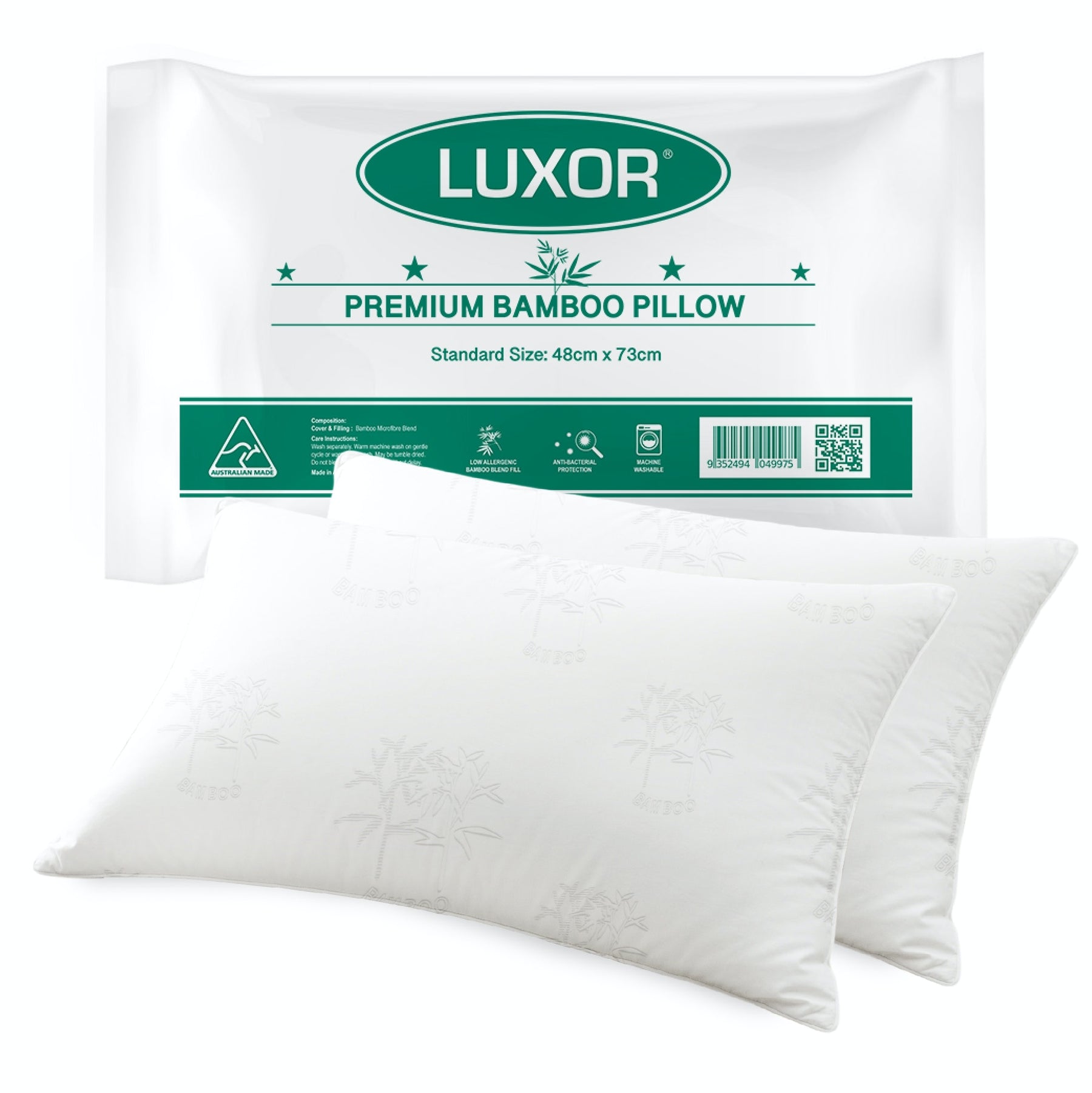 Luxor Bamboo Cooling Pillows Twin Pack - 48cm x 73cm, Hypoallergenic, Australian Made - SuperSaverAU - view 1