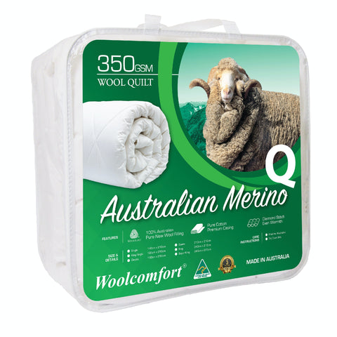Woolcomfort Aus Made Merino Wool Quilt 350GSM 210x210cm Queen Size - SuperSaverAU - view 1
