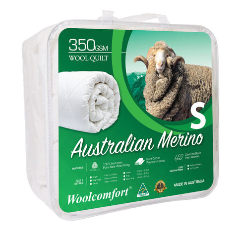 Woolcomfort Aus Made Merino Wool Quilt 350GSM 140x210cm Single Size, Fire-Resistant - SuperSaverAU - view 1