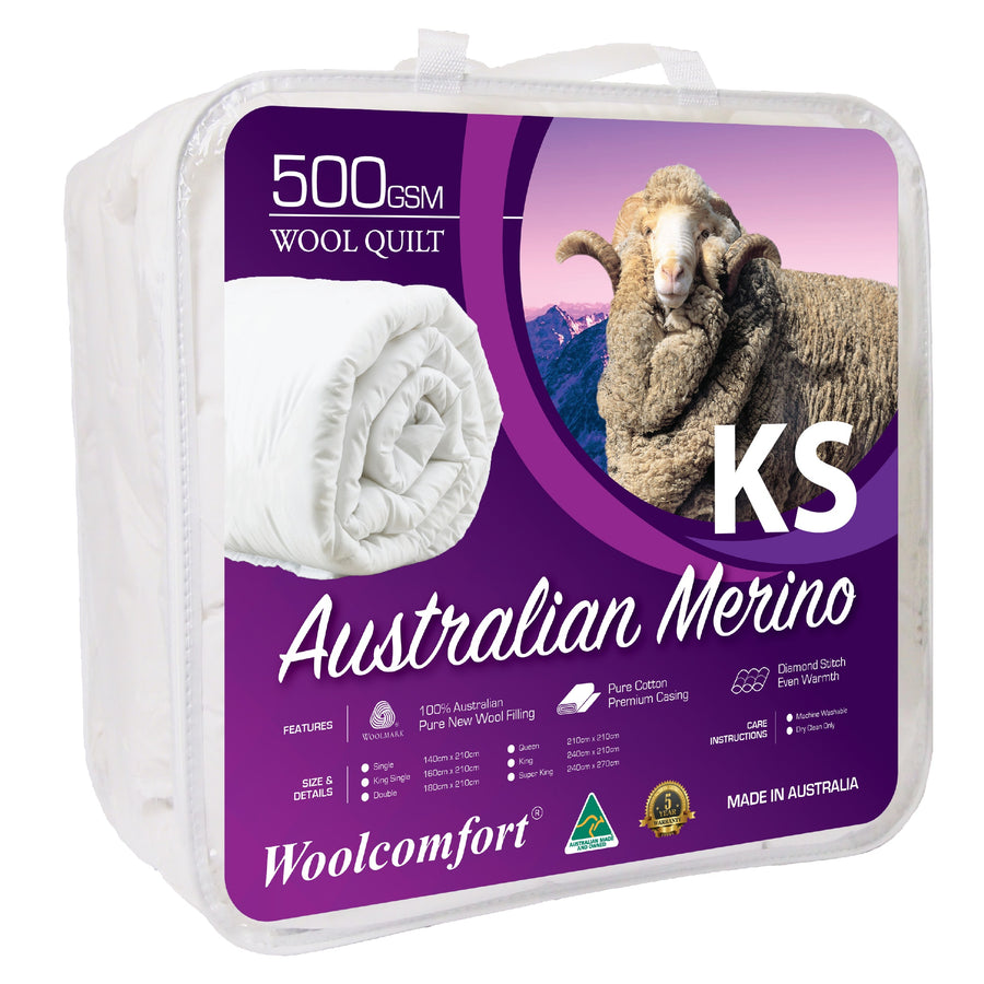 Woolcomfort Aus Made Merino Wool Quilt 500GSM 160x210cm King Single Size - SuperSaverAU - view 1