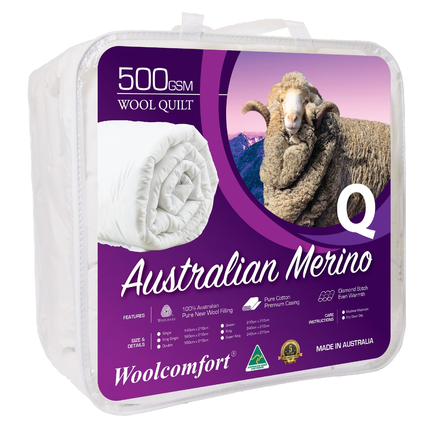 Woolcomfort Aus Made Merino Wool Quilt 500GSM 210x210cm Queen Size - Fire Resistant, Non-Allergenic - SuperSaverAU - view 1