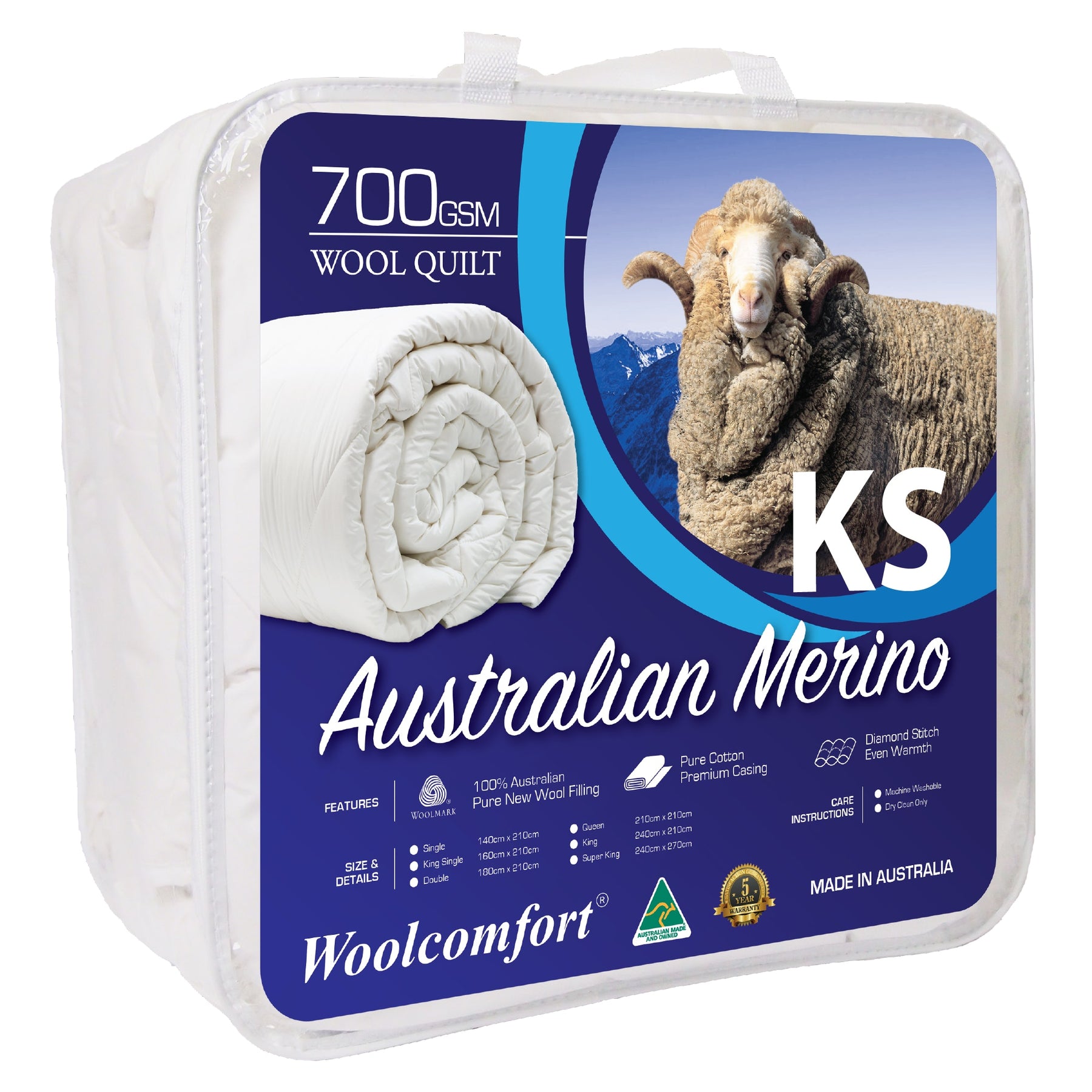 Woolcomfort Aus Made 700GSM Merino Wool Quilt King Single Size 160x210cm - SuperSaverAU - view 1