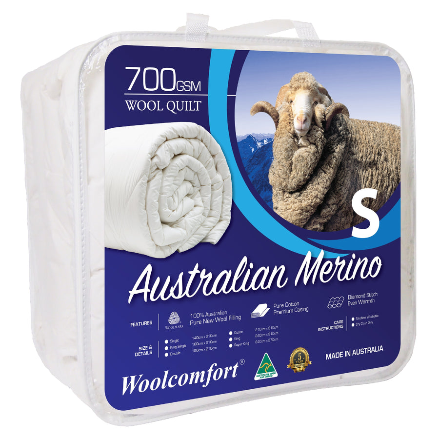 Woolcomfort Aus Made Merino Wool Quilt 700GSM 140x210cm Single Size - Fire-Resistant, Non-Allergenic - SuperSaverAU - view 1