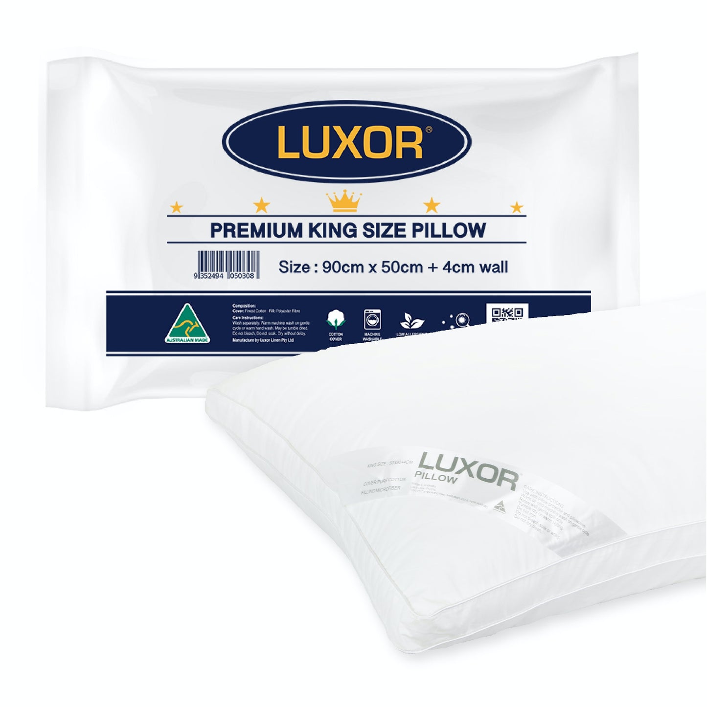 Luxor Australian Made King Size Pillow 90cm x 50cm + 4cm Wall, Memory Fibre