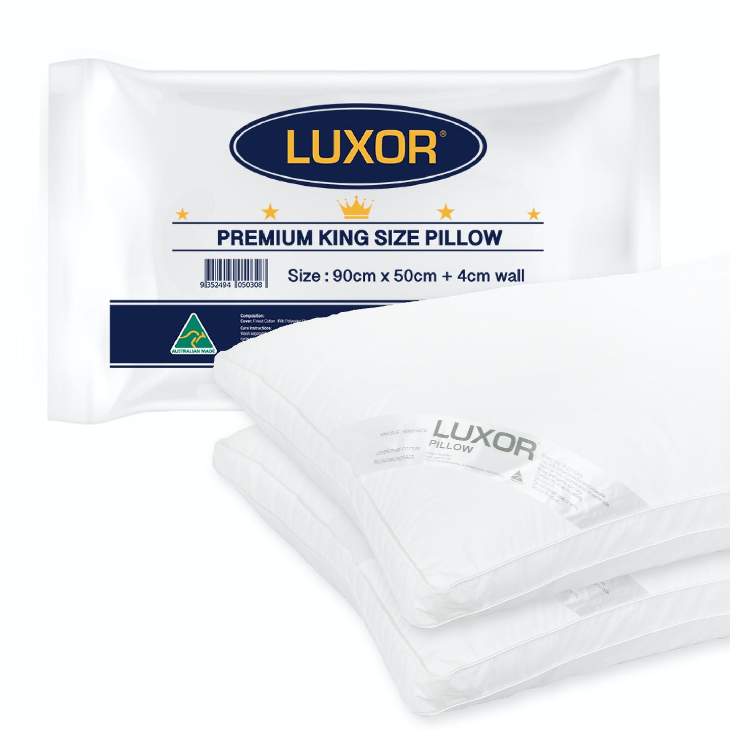 Luxor Australian Made King Size Pillow Twin Pack 90cm x 50cm + 4cm Wall