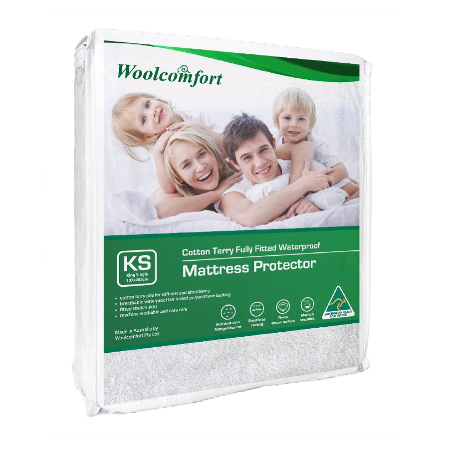 Woolcomfort Cotton Terry Fully Fitted Waterproof Mattress Protector King Single Size - SuperSaverAU - view 1