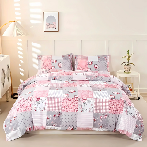 Dreamfields Soft Pink Plaid Quilt Cover Set - 3pcs, Queen Size, Polyester - SuperSaverAU - view 1