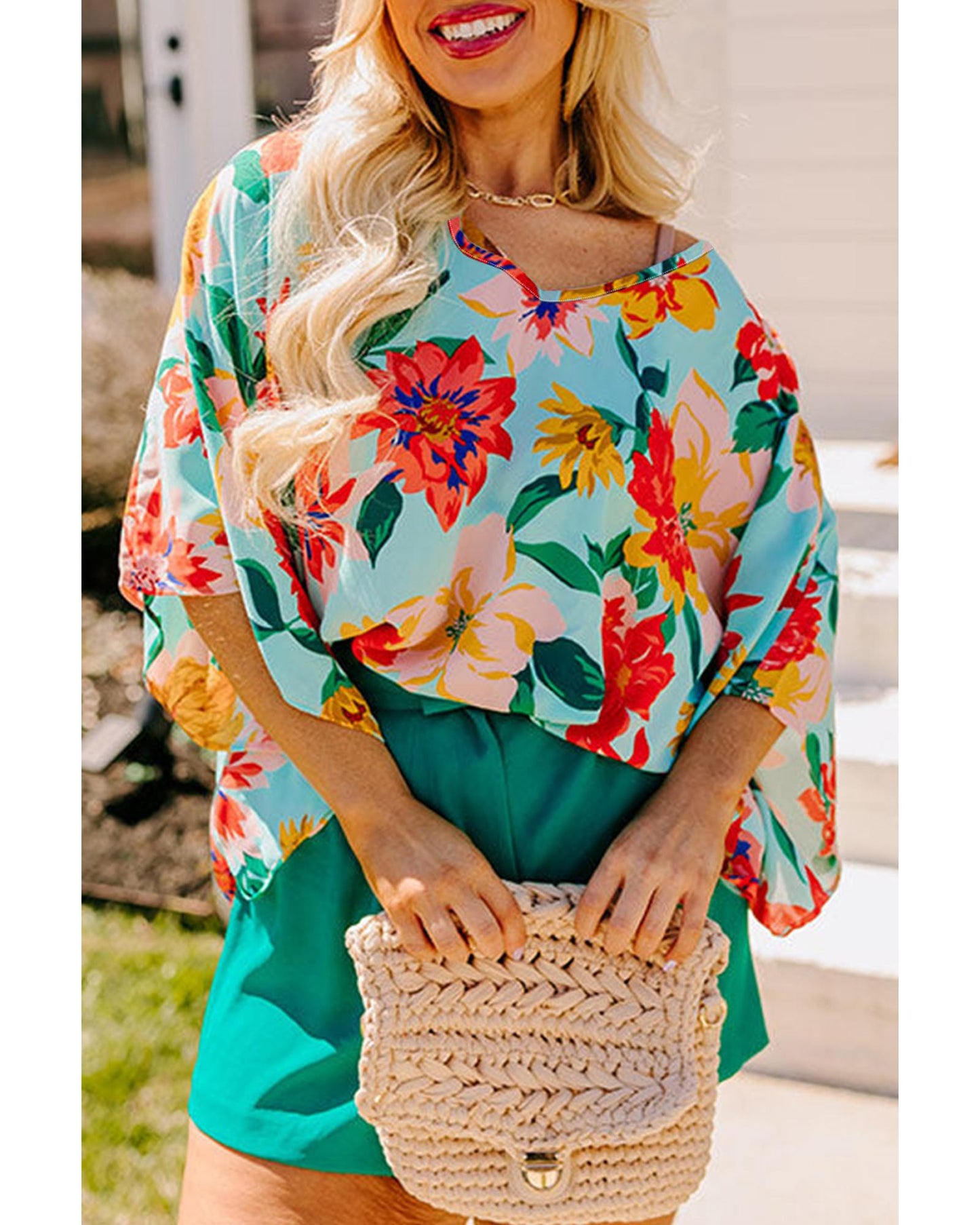 Sky Blue Floral V Neck Batwing Blouse - Plus Size 1X