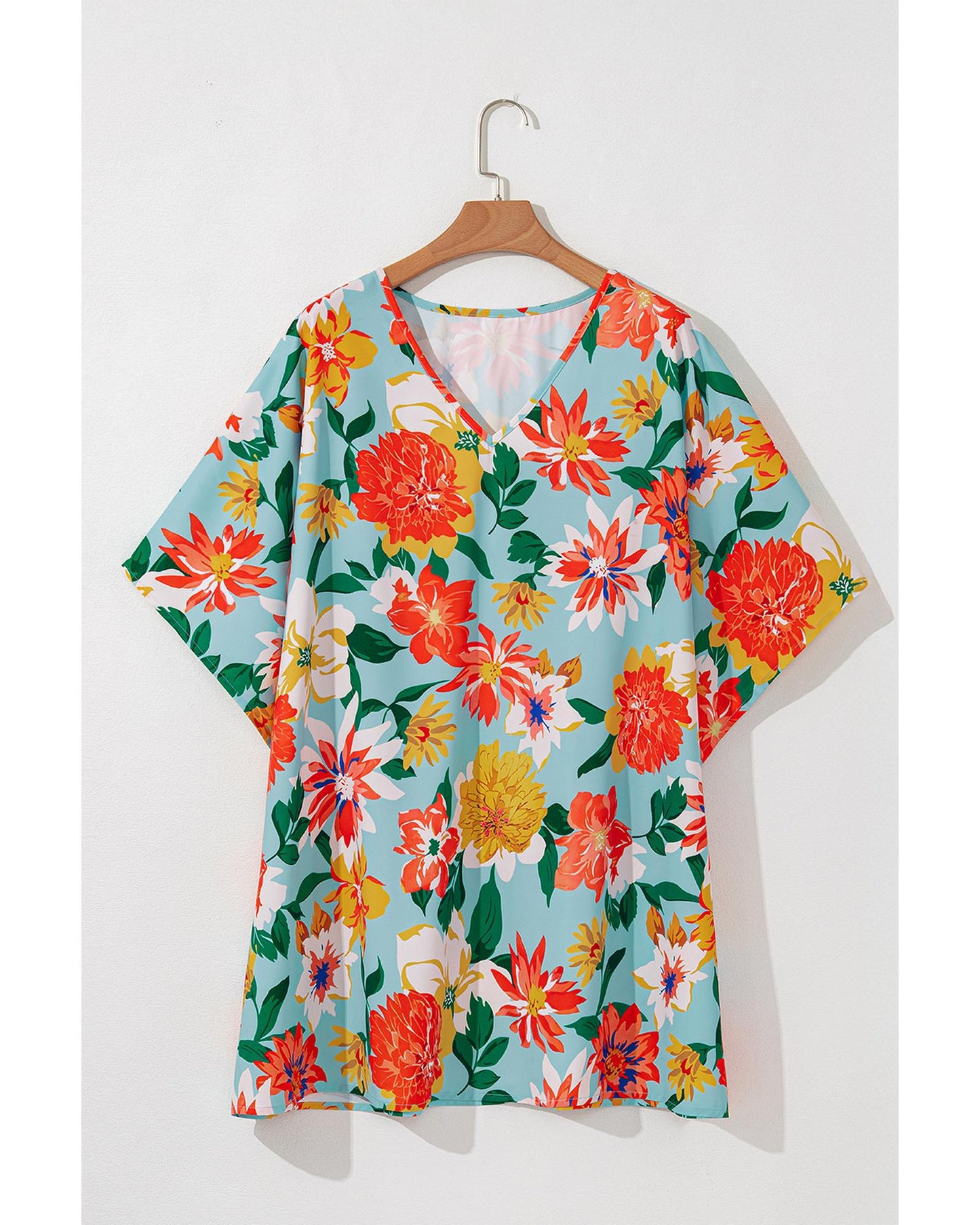 Sky Blue Floral V Neck Batwing Blouse - Plus Size 1X