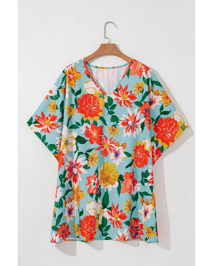 Sky Blue Floral V Neck Batwing Blouse - Plus Size 1X