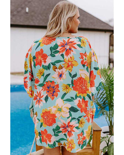 Sky Blue Floral V Neck Batwing Blouse - Plus Size 1X