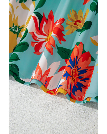 Sky Blue Floral V Neck Batwing Blouse - Plus Size 1X