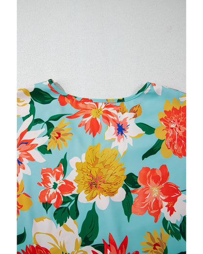 Sky Blue Floral V Neck Batwing Blouse - Plus Size 2X