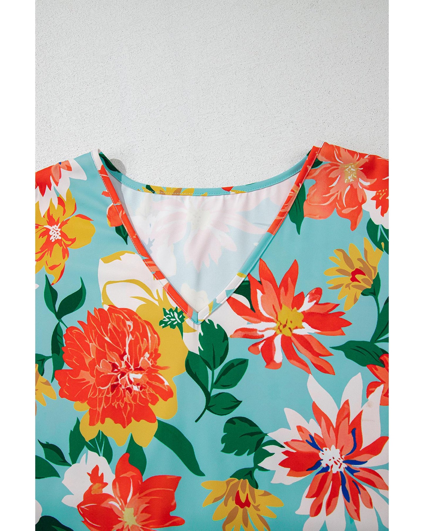 Sky Blue Floral V Neck Batwing Blouse - Plus Size 2X