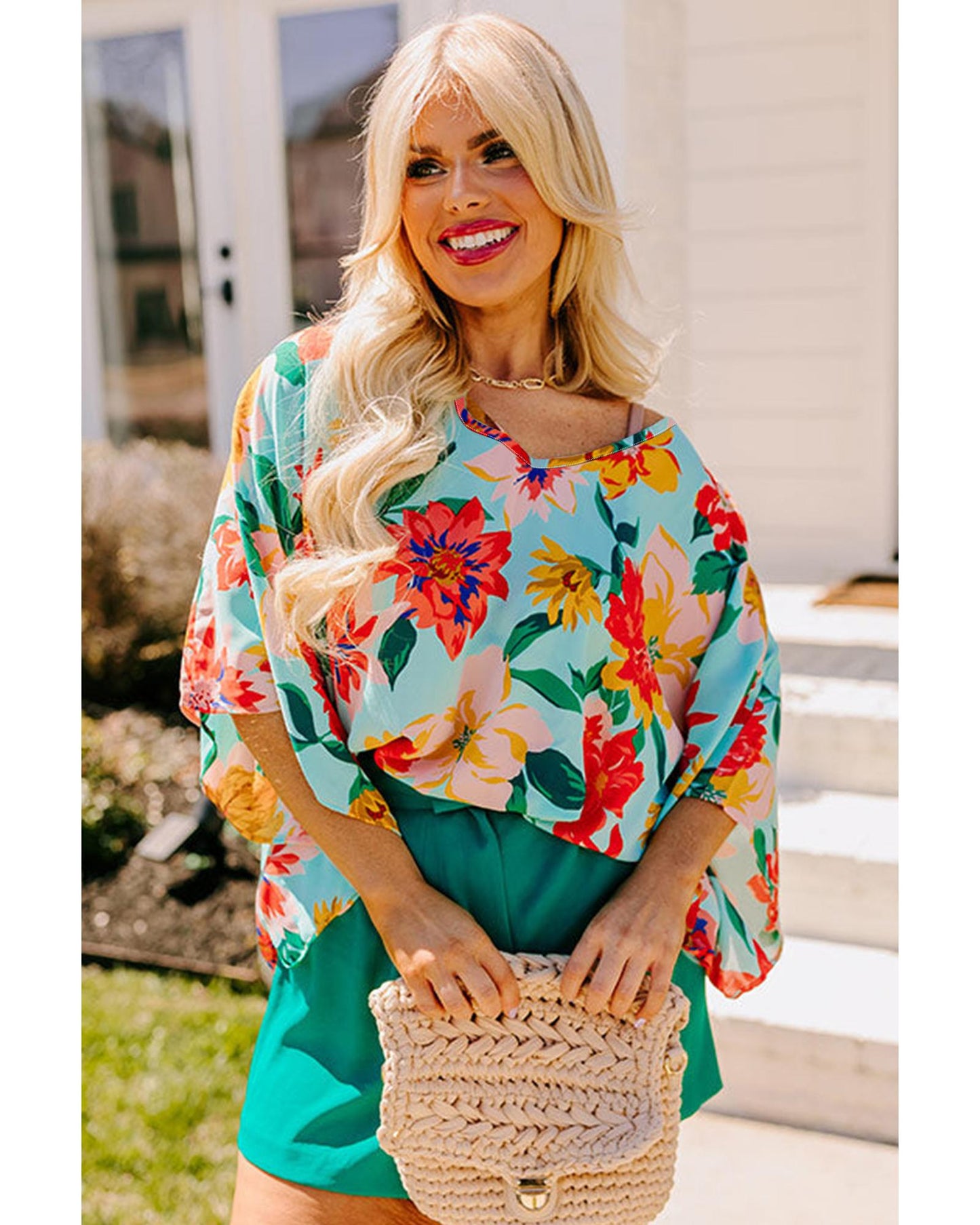 Sky Blue Floral V Neck Batwing Blouse - Plus Size 2X