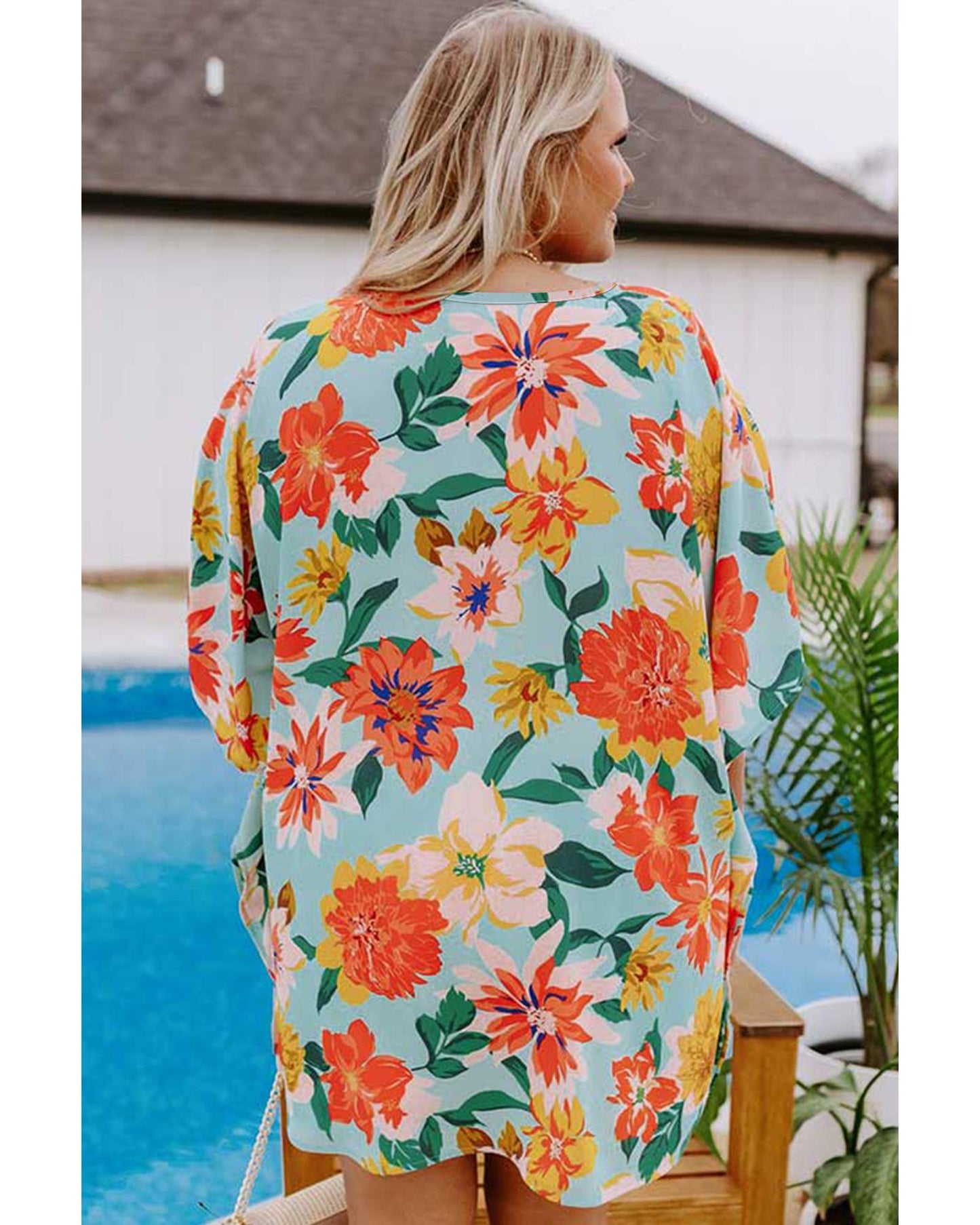 Sky Blue Floral V Neck Batwing Blouse - Plus Size 2X